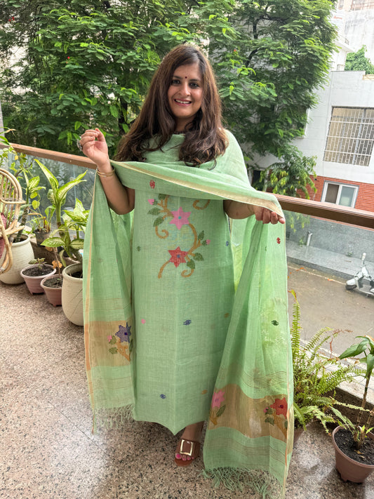 Emerald Green jamdani linen  kurta set