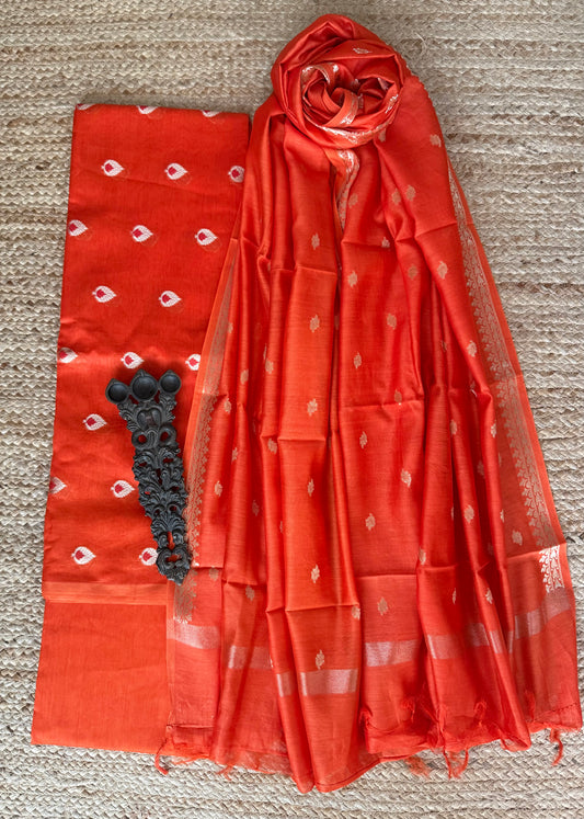 Bright Orange Chanderi handloom  banarsi booti three piece suit