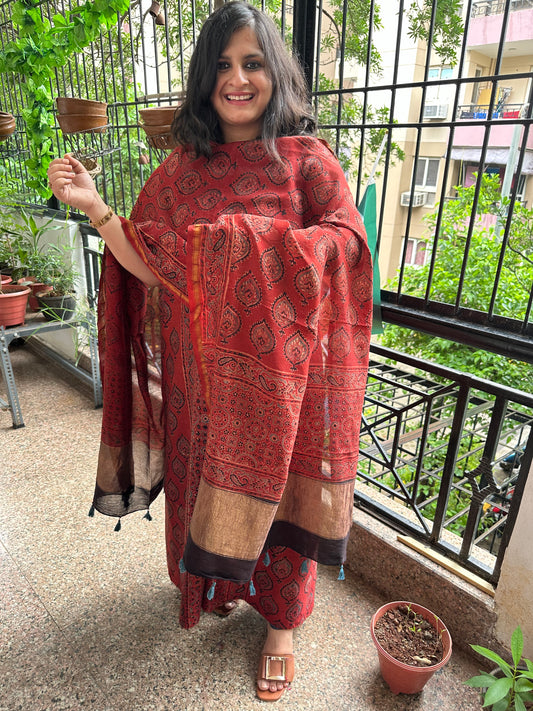 MAROON  AJRAKH CONTEMPORARY CHANDERI SILK HANDBLOCK SUIT SET