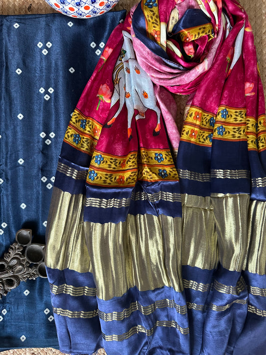 BLUE BANDHANI MASHRU SILK KURTA WITH PATOLA HANDCRAFTED MODAL SILK DUPATTA PS-69