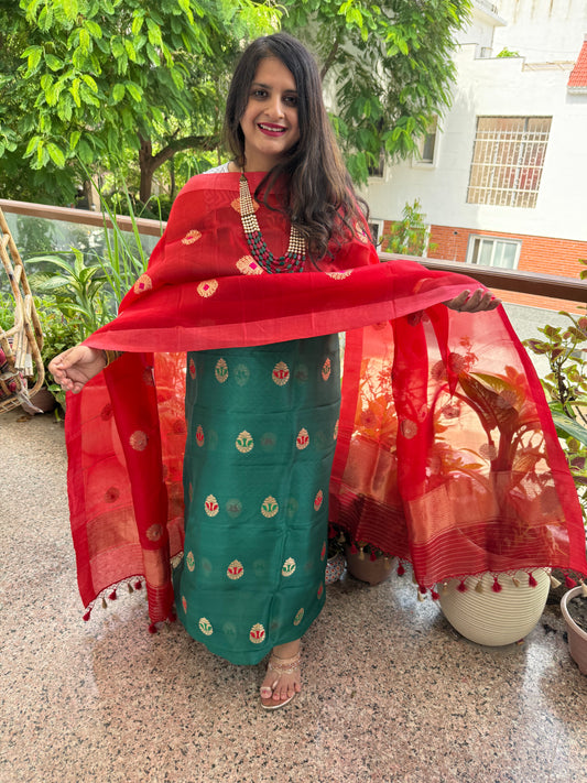 Teal green Kora silk certified handloom Banarsi kadwa Booti Meenakari three piece suit