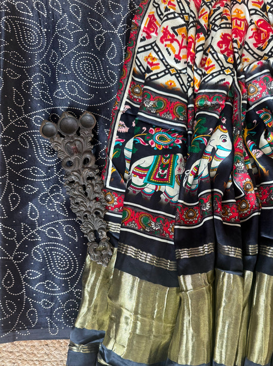 Black jaal mashru silk kurta with patola handcrafted modal silk dupatta