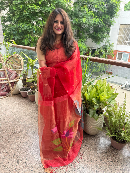 Cherry Red Jamdani sequence work handwoven pure muslin silk sari With Matka Silk Blouse Piece