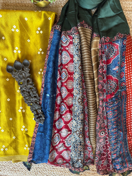 MUSTARD MASHRU SILK KURTA WITH AJRAKH PATCHWORK  HANDCRAFTED  MODAL SILK DUPATTA PWK-26