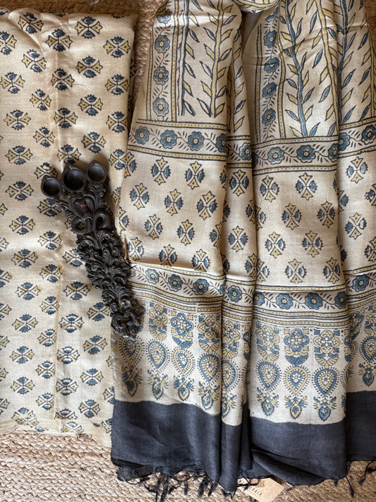 BEIGE AJRAKH TUSSAR SILK HANDBLOCK SUIT SET TSS- 19