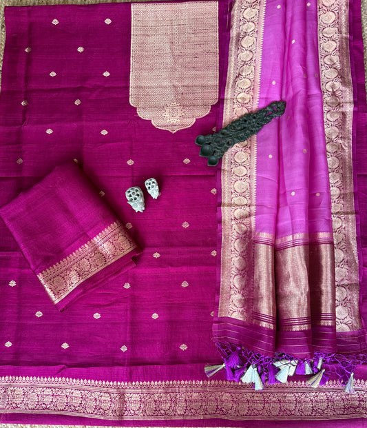 MAGENTA purple RAW SILK CERTIFIED HANDLOOM BANARSI KADWA BUTTI WITH WOVEN ZARI THREE PIECE SUIT