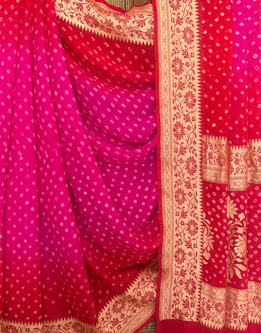 Hot pink to deep red handwoven neem zari bareek bandhani saree with khaddi georgette