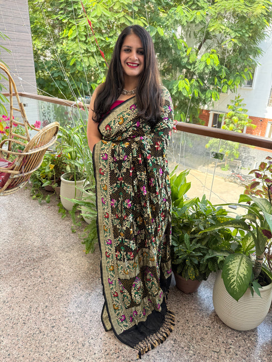 Black Handwoven Rai  Bareek Bandhani Saree Meenakari Jaal with Khaddi Georgette  Mks-2