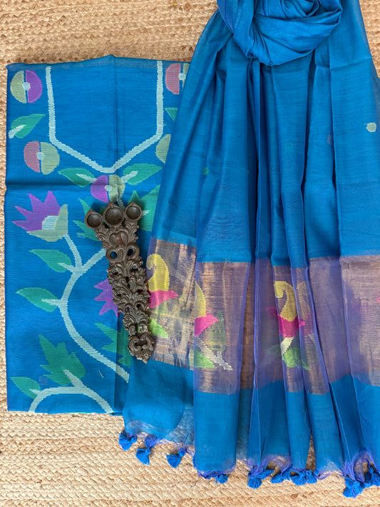 Steel Blue handwoven jamdani pure cotton silk kurta set mjk-