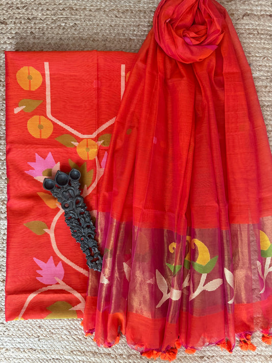 Vermillion Orange handwoven jamdani pure cotton silk kurta set mjk-