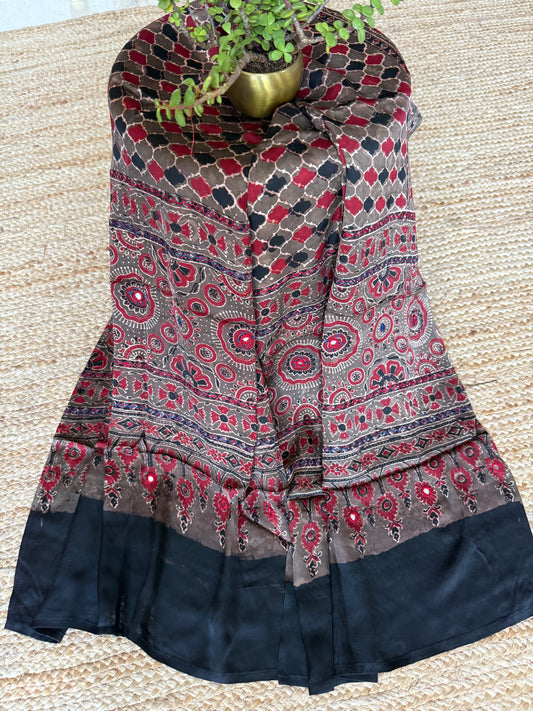 CHIKOO BROWN AJRAKH MODAL SILK STOLE WITH HAND EMBROIDERY MIRROR WORK
