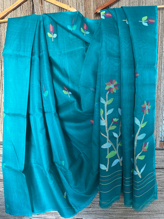 PINE GREEN JAMDANI HANDWOVEN PURE MUSLIN SILK SARI MJS 35