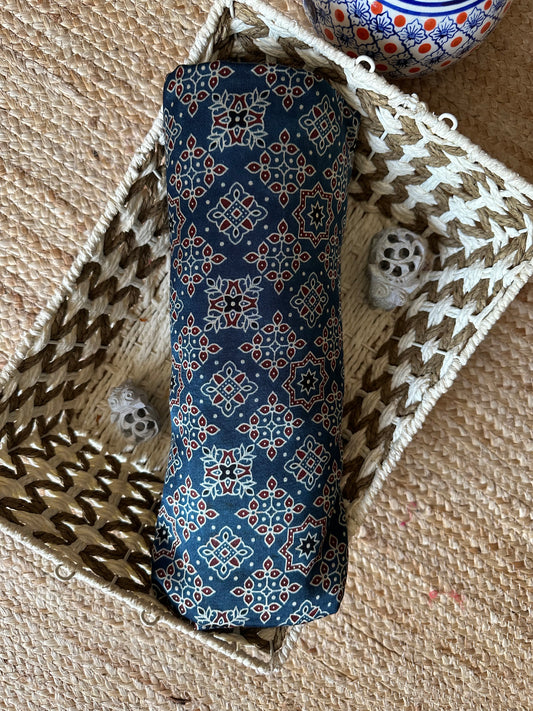 BLUE MASHRU AJRAKH HANDCRAFTED SILK FABRIC