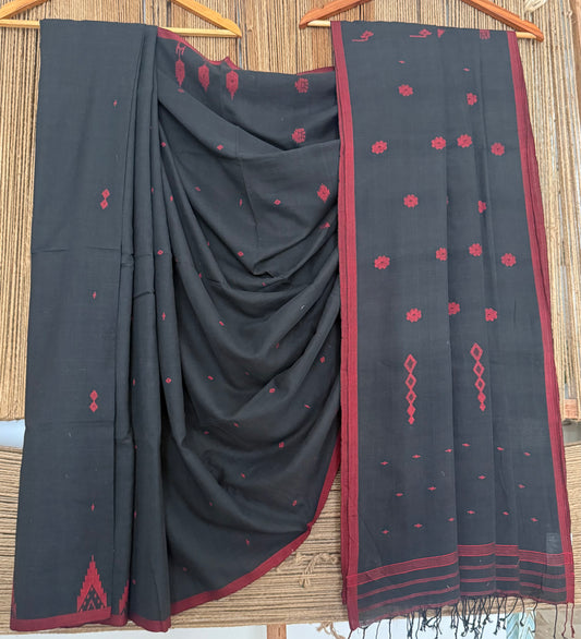 Black handloom cotton needle jamdani wove sari