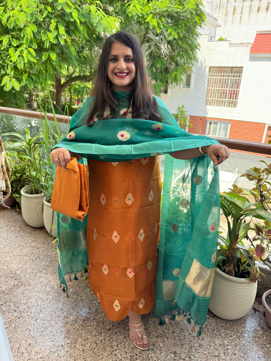 Cinnamon Brown Kora silk certified handloom Banarsi kadwa Booti Meenakari three piece suit