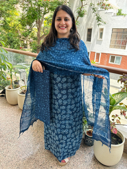 INDIGO LINEN COTTON HANDBLOCK SUIT SET