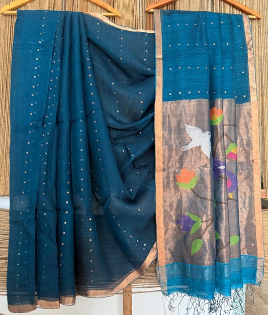 Peacock Blue Jamdani sequence work handwoven pure muslin silk sari With Paithani Jamdani Pallu  and  Matka Silk Blouse Piece