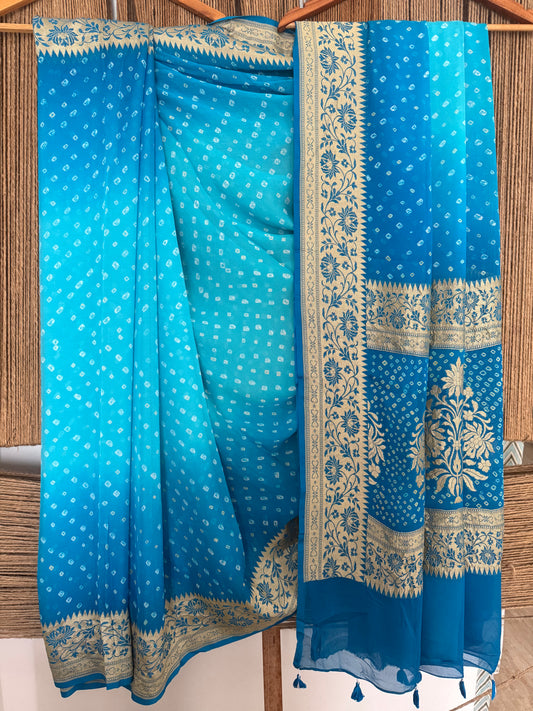 Ocean & Baby Blue Ombré Shade handwoven neem zari bareek bandhani with khaddi georgette Sari