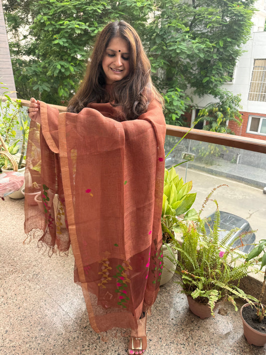 Dusty Mauve Brown Jamdani Tissue Linen Handwoven kurta set