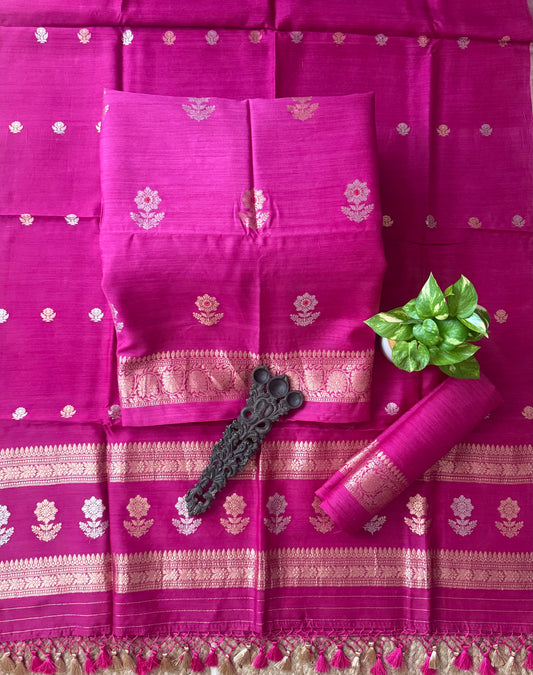 Bubblegum Pink munga silk meenakari certified handloom banarsi kadwa booti three piece suit