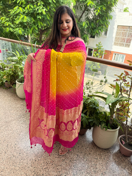 Deep pink & Lemon Yellow  Ombie Handwoven NeemZari Bareek Bandhani in Khaddi Premium Georgette dupatta