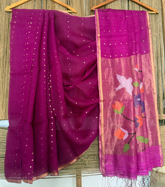 Raspberry Purple Jamdani sequence work handwoven pure muslin silk sari With Paithani Jamdani Pallu  and  Matka Silk Blouse Piece