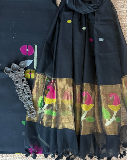 Soft Black handwoven jamdani pure cotton silk kurta set mjk-