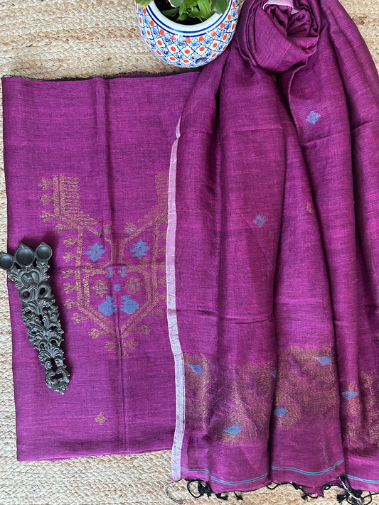 TYRIAN PURPLE JAMDANI WOVEN LINEN  KURTA SET LJS- 1035
