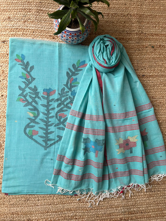 SEA BLUE JAMDANI WOVEN MULL KURTA SET