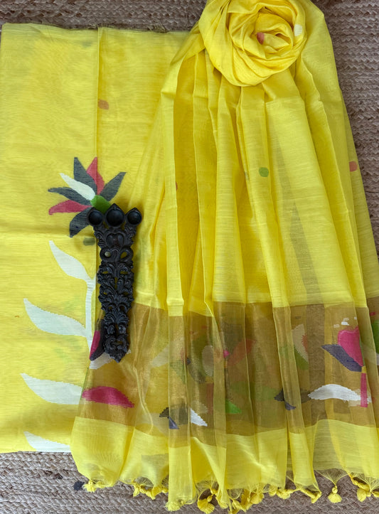 Corn Yellow handwoven jamdani pure cotton silk kurta set mjk