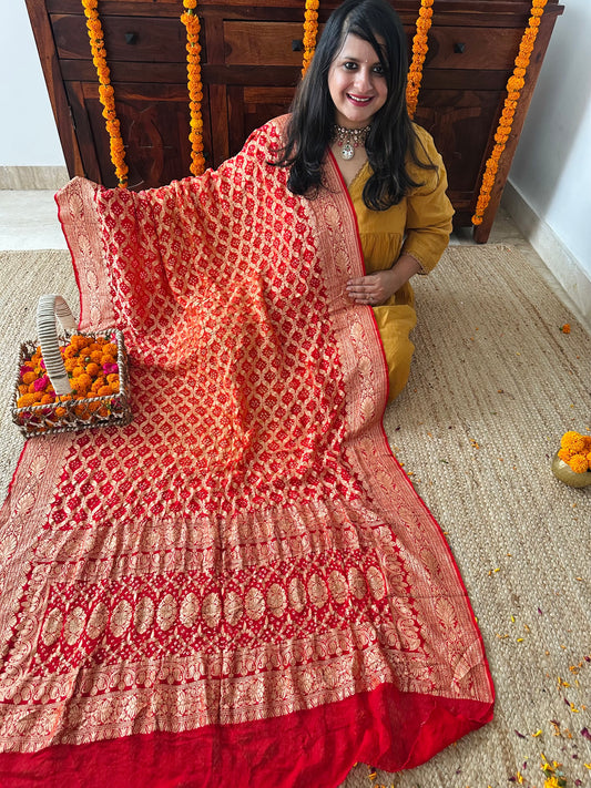 Chilli red international orange dual shade Handwoven NeemZari Bareek Bandhani in Khaddi Georgette dupatta BD-1020