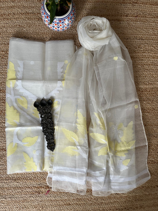 WHITE HANDWOVEN JAMDANI PURE MUSLIN SILK KURTA SET MJK-50