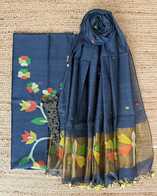 Marengo Gray handwoven jamdani pure cotton silk kurta set mjk-
