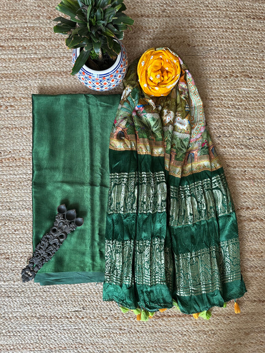 GREEN  MASHRU KURTA WITH BANDHANI PICHWAI HANDCRAFTED  MODAL SILK DUPATTAS