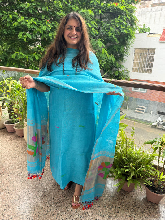ELECTRIC BLUE TISSUE LINEN JAMDANI HANDWOVEN KURTA SET