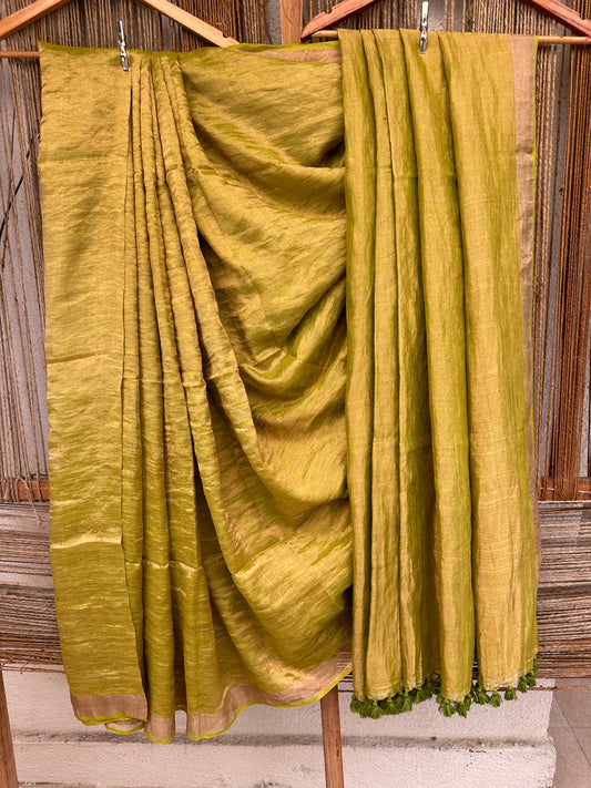 PARROT  GREEN  METALLIC LINEN SARI WITH WOVEN  BORDER