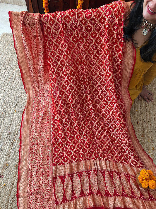 Venetian Red Handwoven NeemZari Bareek Bandhani in Khaddi Georgette dupatta BD-1022
