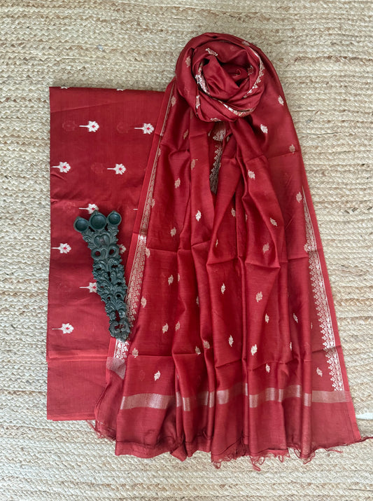 Medium Maroon Chanderi handloom  banarsi booti three piece suit