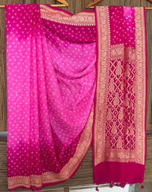 Pink Handwoven Neem Zari Bareek Bandhani Saree with Khaddi Georgette BS- 303