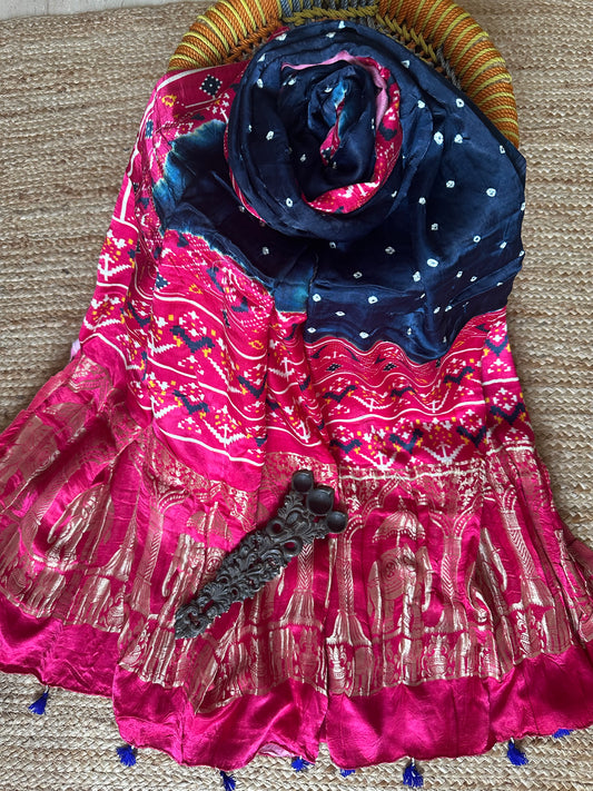 PRUSSIAN BLUE MODAL SILK BANDHANI DUPATTA WITH PICHWAI PRINT IN NAKSHI BORDER