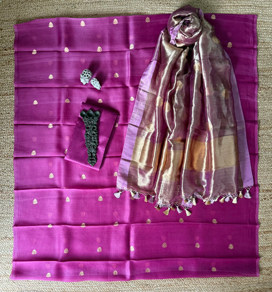 Bright Purple Kora silk certified handloom Banarsi kadwa Booti three piece suit   CBS-50