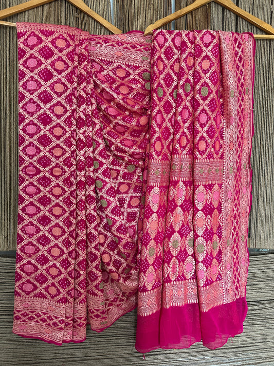 Hot Pink Handwoven Neem Zari Bareek Bandhani Saree with Khaddi Georgette with Meenakari Work BS- 21