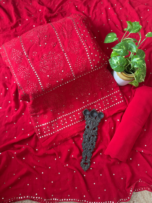 Cherry Red premium mukesh work Georgette lucknowi chickenkari hand embroidery three piece suit