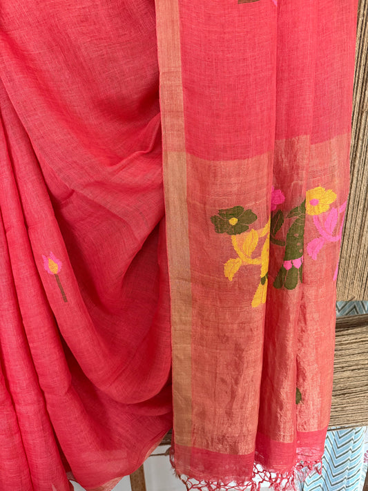 FIERY ROSE PINK HANDWOVEN JAYSHREE LINEN JAMDANI SARI