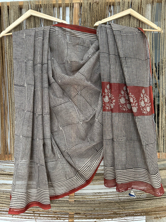 GREY MAROON KOTA DORIA HANDBLOCK SARI