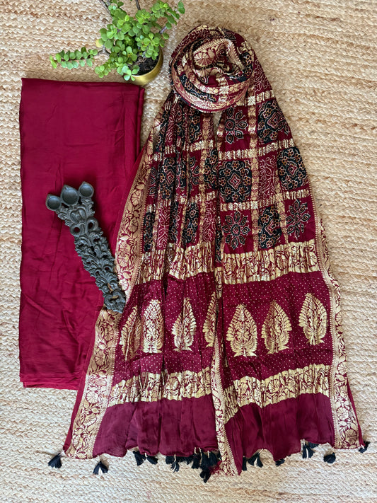 MAROON MODAL SILK SUIT WITH AJRAKH  GHARCHOLA HANDCRAFTED MODAL SILK DUPATTA  -222