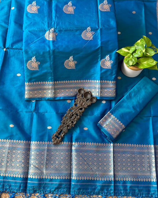Peacock Blue Katan silk certified handloom banarsi kadwa booti three piece suit