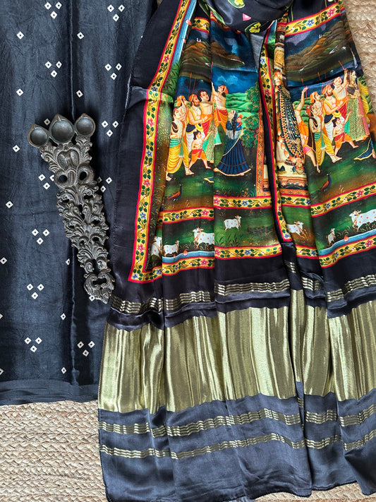 BLACK THREE DOT MASHRU SILK KURTA WITH PATOLA PRINTED MODAL SILK DUPATTAS  PS-15