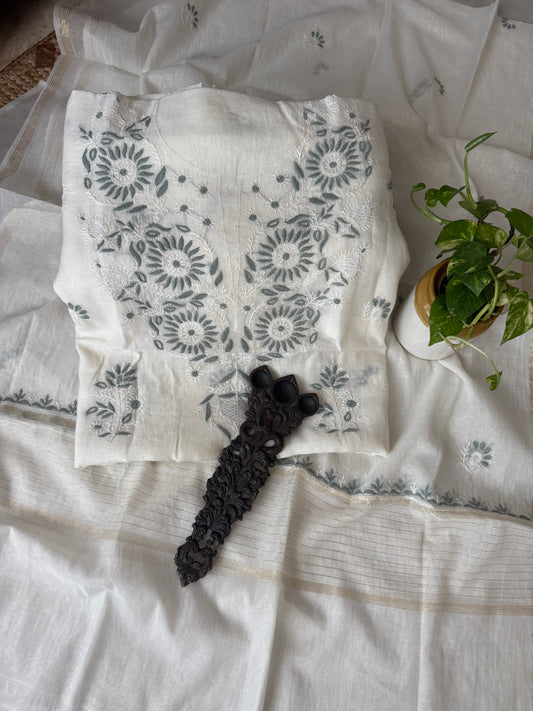 White & light gray jaal embroidery premium mull chanderi lucknowi chickenkari three piece suit