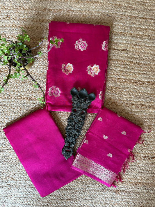 Hot pink Chanderi handloom Banarsi Booti three piece suit